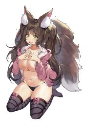 Rule 34 | 1girl, :d, animal ear fluff, animal ears, bad id, bad pixiv id, black panties, black thighhighs, blush, bow, breasts, brown hair, cardigan, cleavage, collarbone, collared shirt, commission, fang, fluffy, fox ears, fox girl, fox tail, green eyes, highres, jacket, kitsune, large breasts, large tail, long hair, looking at viewer, multiple tails, navel, no bra, no pants, no shoes, open clothes, open jacket, open mouth, open shirt, original, panties, pink bow, pink cardigan, pink jacket, plushmallow, seiza, shirt, simple background, sitting, smile, solo, stomach, striped clothes, striped thighhighs, suou-sensei, tail, thighhighs, thighs, twintails, underwear, white background, white shirt