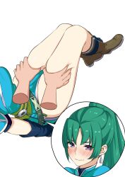 Rule 34 | 1girl, bare shoulders, boots, brown footwear, commentary, english commentary, fire emblem, fire emblem: the blazing blade, green hair, grey eyes, high ponytail, highres, igni tion, leather, leather boots, lyn (fire emblem), nintendo, thigh grab