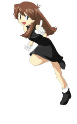 Rule 34 | 1girl, armpits, bare shoulders, black dress, black footwear, blue eyes, boots, breasts, brown hair, clenched hands, creatures (company), dress, earrings, eyelashes, feet up, female focus, full body, game freak, gloves, green (pokemon), happy, highres, index finger raised, jewelry, jikketsushuu, legs, long hair, medium breasts, neck, nintendo, open mouth, pointing, pointing at viewer, pokemon, pokemon adventures, shiny clothes, short dress, side slit, sidelocks, sleeveless, sleeveless dress, sleeveless turtleneck, smile, standing, standing on one leg, thighs, turtleneck, turtleneck dress, white gloves