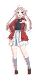 Rule 34 | 1girl, ahoge, black shirt, blue eyes, brown footwear, collared shirt, drop shadow, full body, grey socks, hand on own hip, jacket, kneehighs, loafers, long hair, long sleeves, looking at viewer, love live!, love live! nijigasaki high school idol club, neck ribbon, nijigasaki academy school uniform, official art, open clothes, open jacket, open mouth, outstretched arm, pink hair, plaid, plaid skirt, pleated skirt, red jacket, red ribbon, ribbon, school uniform, shirt, shoes, sidelocks, skirt, socks, solo, standing, transparent background, two side up, v-shaped eyebrows, white skirt, winter uniform, zhong lanzhu