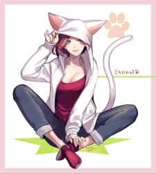 Rule 34 | 10s, 1girl, ;&gt;, amg (nwmnmllf), animal hood, blue eyes, breasts, cat day, cat hood, cat tail, cleavage, denim, hood, hoodie, indian style, jeans, mila babicheva, one eye closed, open clothes, open hoodie, pants, paw print, red hair, sitting, smile, tail, yuri!!! on ice