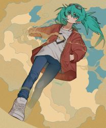 Rule 34 | 1girl, aqua eyes, aqua hair, casual, denim, dutch angle, earrings, eyewear on head, floating hair, hand in pocket, hatsune miku, highres, jacket, jeans, jewelry, messy hair, outstretched arm, pants, red jacket, serious, shoes, sneakers, sparrowl, suna no wakusei (vocaloid), sunglasses, twintails, v-shaped eyebrows, vocaloid, walking, white footwear