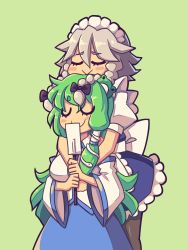 Rule 34 | 2girls, apron, back bow, black bow, black legwear, blue skirt, blush stickers, bow, braid, breasts, closed eyes, closed mouth, daigada, detached sleeves, frog hair ornament, gohei, green background, green hair, grey hair, hair bow, hair ornament, highres, holding, hug, hug from behind, izayoi sakuya, kochiya sanae, large breasts, long hair, long sleeves, maid headdress, multiple girls, pantyhose, puffy short sleeves, puffy sleeves, shirt, short sleeves, skirt, smile, snake hair ornament, touhou, twin braids, unconnected marketeers, white shirt, wide sleeves