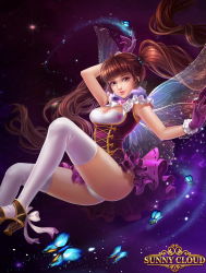 Rule 34 | 1girl, arm up, breasts, brown eyes, brown footwear, brown hair, bug, butterfly, cleavage, cross-laced clothes, fairy wings, gloves, high heels, highres, insect, lipstick, looking at viewer, makeup, medium breasts, night, night sky, original, panties, pantyshot, purple gloves, purple skirt, skirt, sky, solo, thighhighs, thighs, twintails, underwear, white panties, white thighhighs, wings, yun zi