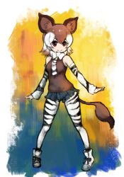 Rule 34 | 1girl, animal ears, animal print, bow, bowtie, brown eyes, brown hair, closed mouth, elbow gloves, extra ears, gloves, ise (0425), kemono friends, looking at viewer, multicolored hair, necktie, okapi (kemono friends), okapi ears, okapi tail, pantyhose, shirt, shoes, short hair, shorts, simple background, sleeveless, sleeveless shirt, solo, tail, two-tone hair, white hair, zebra print