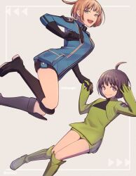 Rule 34 | 2girls, :d, ahoge, amatori chika, black eyes, black footwear, black gloves, black hair, black shorts, blue jacket, bob cut, boots, breasts, brown hair, closed mouth, cosplay, costume switch, flat chest, floating, gloves, green eyes, green footwear, green gloves, green jacket, grey background, hands up, headphones, highres, holding hands, interlocked fingers, jacket, jumping, knee boots, knees together feet apart, konami kirie, looking at viewer, medium breasts, mikumo squad&#039;s uniform, multiple girls, naridc3, open mouth, pocket, purple eyes, short hair, shorts, smile, world trigger