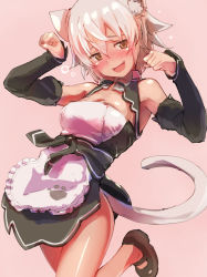 Rule 34 | 1girl, :d, animal ears, apron, blush, cat ears, cat tail, chiri (dream c club gogo.), detached sleeves, dream c club, dream c club (series), dream c club gogo., drunk, highres, mary janes, no socks, nyama, open mouth, paw pose, paw print, shoes, short hair, silver hair, simple background, smile, solo, tail, tan, waitress, wavy mouth