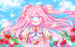 Rule 34 | 1girl, :d, bad id, bad pixiv id, basket, blue eyes, blue sky, blurry, blurry foreground, blush, bow, cloud, commentary request, day, depth of field, dress, flower, gloves, hair between eyes, hair bow, hair flower, hair ornament, hands up, highres, holding, holding basket, looking at viewer, mamel 27, open mouth, original, outdoors, pink hair, puffy short sleeves, puffy sleeves, red flower, red rose, rose, short sleeves, sky, smile, solo, striped, striped bow, two side up, upper body, white flower, white gloves, white rose, yellow bow, yellow dress