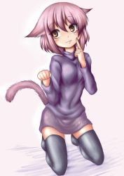 Rule 34 | 1girl, animal ears, black thighhighs, cat ears, cat tail, finger to face, kneeling, lipstick, looking at another, makeup, matick (pom), original, pink hair, pom-ko, short hair, solo, tail, thighhighs, yellow eyes