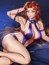 Rule 34 | 1girl, alternate costume, armpits, breasts, cleavage, dc comics, easonx, facing viewer, green eyes, highres, impossible clothes, lipstick, looking at viewer, lying, makeup, medium breasts, naughty face, navel, on side, parted bangs, red hair, revealing clothes, smile, solo, starfire, teen titans, thighs