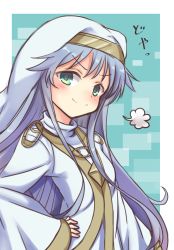 Rule 34 | 1girl, commentary request, dress, green eyes, habit, hand on own hip, highres, index (toaru majutsu no index), long hair, looking at viewer, nun, safety pin, silver hair, smug, solo, standing, toaru majutsu no index, translation request, upper body, very long hair, white dress, yuu ms1974