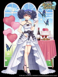 Rule 34 | 1girl, arm strap, balloon, black hair, bottle, bug, butterfly, cake, character request, copyright name, cup, dress, drinking glass, flower, food, hair between eyes, hair flower, hair ornament, halter dress, halterneck, headdress, heart balloon, high heels, hitsuki rei, holding, holding skull, insect, looking at viewer, mahou tsukai to kuroneko no wiz, open mouth, orange eyes, red wine, showgirl skirt, skull, solo, table, twintails, white dress, window, wine, wine bottle, wine glass, wristband