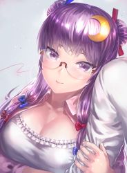 Rule 34 | 1boy, 1girl, arm hug, bespectacled, blush, bow, breasts, cleavage, crescent moon, double bun, glasses, hair bow, hair ornament, kfr, large breasts, long hair, md5 mismatch, moon, patchouli knowledge, purple eyes, purple hair, resolution mismatch, smile, solo focus, touhou