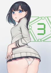 Rule 34 | 10s, 1girl, :o, absurdres, ass, black hair, black skirt, blue eyes, blush, breasts, cardigan, closed mouth, cowboy shot, female focus, from behind, gatchan, gridman universe, highres, huge ass, long hair, looking back, medium breasts, miniskirt, nipples, panties, pleated skirt, simple background, skirt, solo, ssss.gridman, takarada rikka, thick thighs, thighs, underwear, white background, white cardigan, white panties, wide hips