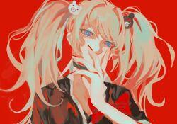 1girl bear_hair_ornament black_shirt blonde_hair blue_eyes bow danganronpa:_trigger_happy_havoc danganronpa_(series) enoshima_junko hair_ornament hand_up highres long_hair looking_at_viewer nail_polish red_background red_bow red_nails shirt short_sleeves solo twintails upper_body wa~a