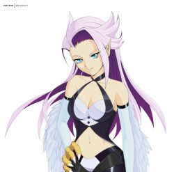 Rule 34 | animal hands, bare shoulders, blue eyes, breasts, claws, cleavage, clothing cutout, duel monster, feathers, harpie conductor, harpy, highres, long hair, medium breasts, monster girl, navel, navel cutout, paid reward available, patreon username, pink hair, pointy ears, simple background, swept bangs, vevymani, white background, white feathers, white wings, winged arms, wings, yu-gi-oh!