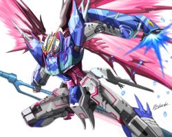 Rule 34 | destiny gundam, energy wings, from side, glowing, glowing hand, green eyes, gundam, gundam seed, gundam seed destiny, highres, holding, holding sword, holding weapon, kenko (a143016), looking down, mecha, mechanical wings, open hand, redesign, robot, solo, sword, weapon, white background, wings