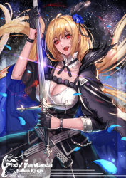 Rule 34 | 1girl, blonde hair, blood, blush, breasts, cape, cleavage, dress, flower, holding, holding weapon, large breasts, lipstick, long hair, long sleeves, looking at viewer, makeup, open mouth, pixiv fantasia, pixiv fantasia fallen kings, red eyes, red lips, ryuuzaki ichi, smile, solo, sword, vampire, weapon