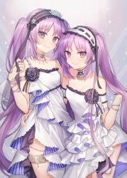 Rule 34 | arm around waist, bare shoulders, choker, coyucom, dress, euryale (fate), fate/hollow ataraxia, fate (series), hairband, head tilt, highres, lolita hairband, long hair, looking at viewer, purple eyes, purple hair, short dress, siblings, sisters, smile, stheno (fate), strapless, strapless dress, striped clothes, striped hairband, thighlet, twins, twintails, very long hair, white dress