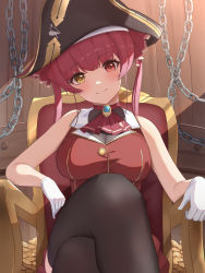 Rule 34 | 1girl, absurdres, ascot, bad id, bad pixiv id, bare shoulders, black thighhighs, blouse, breasts, brooch, chain, chair, cleavage, closed mouth, coin, crossed legs, dot nose, female focus, gloves, gold coin, gold trim, hat, heterochromia, highres, hololive, houshou marine, houshou marine (1st costume), jewelry, large breasts, long hair, looking at viewer, pirate hat, red eyes, red hair, red shirt, red skirt, see-through, see-through cleavage, shirt, sitting, skirt, sleeveless, sleeveless shirt, smile, solo, thighhighs, tokutokenzen, twintails, virtual youtuber, white gloves, yellow eyes