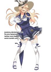 Rule 34 | 1girl, artist request, beta (joutarou), blonde hair, blue dress, blue ribbon, breasts, closed umbrella, contrapposto, cosplay, cross, dress, full body, garter straps, hat, hat ribbon, historical name connection, iowa (kancolle), iowa (pacific), iowa (pacific) (cosplay), iowa (pacific) cosplay, kantai collection, lace, lace-trimmed dress, lace-trimmed legwear, lace trim, large breasts, long hair, name connection, one eye closed, open mouth, pacific (kancolle), ribbon, ribbon-trimmed legwear, ribbon trim, sailor dress, short sleeves, solo, standing, sun hat, thighhighs, transparent background, umbrella, white background, white thighhighs