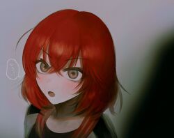 Rule 34 | 1girl, blush, brown eyes, chinosuke (o j o p), close-up, commentary request, from above, grey background, highres, idolmaster, idolmaster cinderella girls, jacket, looking at viewer, murakami tomoe, open mouth, red hair, short hair, solo