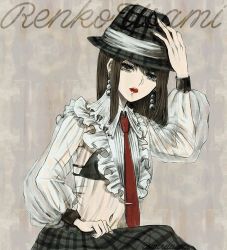 Rule 34 | 1girl, bow, brown hair, capelet, collar, collared shirt, dress shirt, earrings, fedora, frilled collar, frilled shirt collar, frills, gem, hat, hat bow, hat ribbon, jewelry, long sleeves, looking at viewer, nazo (mystery), necktie, open mouth, pearl (gemstone), pearl earrings, plaid, plaid skirt, puffy long sleeves, puffy sleeves, red lips, ribbon, shirt, skirt, touhou, usami renko, white bow, white shirt