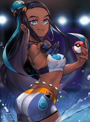 Rule 34 | 1girl, absurdres, aqua hair, ass, bikini, black hair, blue eyes, blurry, blurry background, breasts, closed mouth, commentary, cowboy shot, creatures (company), dark-skinned female, dark skin, depth of field, earrings, eyeshadow, game freak, gloves, gym leader, highres, holding, holding poke ball, hoop earrings, jewelry, makeup, midriff, multicolored hair, neonbeat, nessa (pokemon), nintendo, outstretched arm, partially fingerless gloves, poke ball, poke ball (basic), pokemon, pokemon swsh, sidelocks, single glove, small breasts, smile, solo, sports bikini, swimsuit, two-tone hair, water, water drop