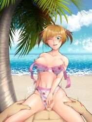 Rule 34 | 1boy, 1girl, abs, absurdres, bare shoulders, beach, bikini, blonde hair, blue sky, blush, blush stickers, breasts, clitoral stimulation, clothing aside, cloud, cowgirl position, day, fate/grand order, fate (series), food print, fujimaru ritsuka (male), gareth (fate), gareth (swimsuit saber) (fate), gareth (swimsuit saber) (second ascension) (fate), girl on top, green eyes, hands on another&#039;s thighs, hetero, highres, large breasts, motion lines, navel, nipples, non-web source, ocean, one eye closed, outdoors, palm tree, penis, sand, sex, signature, sky, smile, solo focus, straddling, strawberry print, swimsuit, swimsuit aside, tree, trembling, vaginal, wardrobe malfunction, water, yashrimp