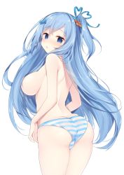 Rule 34 | 1girl, ass, backboob, blue eyes, blue hair, blush, breasts, butt crack, emori miku, hair ornament, highres, large breasts, liver city, long hair, looking at viewer, looking back, miko (royal milk), one side up, open mouth, panties, simple background, solo, striped clothes, striped panties, topless, underwear, white background