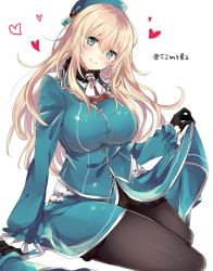 Rule 34 | 10s, atago (kancolle), beret, blonde hair, blue eyes, breasts, clothes lift, gloves, hat, heart, kantai collection, large breasts, long hair, pantyhose, shijima (sjmr02), simple background, skirt, skirt lift, smile, solo, twitter username, uniform