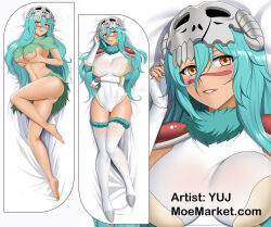 1girl arms_under_breasts barefoot bleach bleach:_sennen_kessen-hen breasts dakimakura_(medium) facial_mark grabbing_own_breast green_hair green_skirt grey_eyes highres large_breasts light_smile long_hair lying midriff navel nelliel_tu_odelschwanck revealing_clothes skirt skull_on_head thighhighs torn_clothes underboob