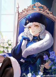 Rule 34 | 1girl, absurdres, black hat, black pantyhose, blue dress, blue gloves, braid, braided bun, cropped, dress, elbow gloves, eternity (reverse:1999), feet out of frame, flower, fur-trimmed dress, fur-trimmed sleeves, fur hat, fur trim, gloves, grin, hair bun, hand up, hat, highres, hua hua de qiluoluo, indoors, long dress, looking up, official alternate costume, on chair, pantyhose, papakha, pink lips, purple flower, reverse:1999, side slit, sitting, sky, smile, solo, swept bangs, throne, weibo logo, weibo watermark, white flower, white hair, white sky, window, yellow eyes