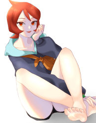 Rule 34 | 1girl, arezu (pokemon), barefoot, creatures (company), feet, game freak, highres, looking at viewer, medium hair, nintendo, open mouth, pokemon, pokemon legends: arceus, red hair, short shorts, shorts, soles, toes