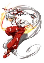 Rule 34 | 1girl, absurdres, alternate hairstyle, bow, female focus, fire, fujiwara no mokou, full body, hair bow, hair ribbon, highres, long hair, long sleeves, nana g, outstretched arms, pants, ponytail, red eyes, ribbon, shirt, shoes, silver hair, solo, spread arms, suspenders, touhou, transparent background, very long hair, white shirt