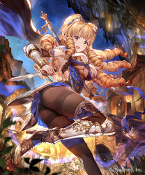 Rule 34 | 10s, 1girl, 77gl, armor, armored boots, ass, black panties, black pantyhose, blue skirt, blurry, boots, breasts, brown eyes, brown hair, crotch seam, depth of field, elf, from side, high heel boots, high heels, holding, holding sword, holding weapon, long hair, medium breasts, miniskirt, night, official art, outdoors, panties, pantyhose, pointy ears, ponytail, reverse grip, ringlets, shingeki no bahamut, skirt, solo, sword, thighband pantyhose, thighs, underboob, underwear, vambraces, watermark, weapon
