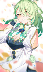 Rule 34 | 1girl, antlers, aotake iro, blurry, blush, braid, braided bangs, branch, breasts, ceres fauna, cleavage, commentary, cowboy, cowboy western, depth of field, dress, english commentary, flower, green flower, green hair, green rose, hair flower, hair ornament, hair over one eye, highres, hololive, hololive english, horns, jewelry, large breasts, long hair, looking at viewer, medium breasts, mole, mole under eye, petals, rose, smile, solo, virtual youtuber, western, white background, white dress, wide sleeves, yellow eyes