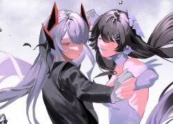 Rule 34 | 2girls, alpha (punishing: gray raven), black suit, closed eyes, closed mouth, collar, dancing, detached collar, detached sleeves, dress, earrings, elbow gloves, formal, gloves, gradient hair, grey hair, hair between eyes, hair ornament, hairclip, headgear, highres, holding hands, jewelry, long hair, long sleeves, lucia: crimson abyss (punishing: gray raven), lucia: plume (dance of ripplets) (punishing: gray raven), lucia: plume (eventide glow) (punishing: gray raven), lucia (punishing: gray raven), multicolored hair, multiple girls, parted lips, punishing: gray raven, red eyes, shaded face, sidelocks, suit, white collar, white dress, white gloves, white sleeves, yongsadragon