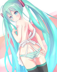 Rule 34 | 1girl, apron, aqua eyes, aqua hair, ass, butt crack, from behind, gumo, hatsune miku, long hair, looking back, panties, solo, striped clothes, striped panties, thighhighs, twintails, underwear, very long hair, vocaloid