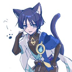 1boy :p akanbe animal_ear_fluff animal_ears bent_over black_bow black_bridal_gauntlets black_shorts blue_cape blue_gemstone blue_kimono blue_sleeves blunt_ends bow bridal_gauntlets cape cat_ears cat_tail eyelid_pull feathers finger_to_eye furisode gem genshin_impact gold grey_eyes han&#039;eri highres japanese_clothes kimono layered_kimono layered_sleeves male_focus open_clothes open_kimono paw_print pom_pom_(clothes) purple_hair purple_sash sash scaramouche_(genshin_impact) short_sleeves shorts sketch solo tail tm-pika tongue tongue_out wanderer_(genshin_impact) white_background white_kimono white_sleeves yellow_feathers