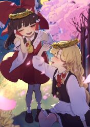 Rule 34 | 2girls, apron, ascot, black vest, blonde hair, blush, bow, braid, brown hair, cherry blossoms, closed eyes, commentary request, detached sleeves, falling petals, frilled bow, frilled hair tubes, frills, full moon, hair bow, hair tubes, hakurei reimu, head wreath, highres, kirisame marisa, long hair, long sleeves, moon, multiple girls, night, night sky, niru 05, one eye closed, open mouth, petals, pink petals, red bow, red eyes, red skirt, side braid, single braid, skirt, skirt set, sky, smile, star (sky), touhou, vest, waist apron, wide sleeves, yellow ascot
