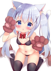 Rule 34 | 1girl, :o, animal ear fluff, animal ears, animal hands, bare shoulders, black bra, black panties, black thighhighs, blue eyes, blue hair, blush, boots, bow, bow bra, bowtie, bra, breasts, brown footwear, brown gloves, cat ears, cat girl, cat tail, collar, commentary request, detached collar, fur-trimmed boots, fur-trimmed gloves, fur trim, gloves, gluteal fold, gochuumon wa usagi desu ka?, hair between eyes, hair ornament, hands up, kafuu chino, kemonomimi mode, long hair, looking at viewer, navel, panties, parted lips, paw gloves, red bow, red bowtie, rikatan, sidelocks, sitting, small breasts, solo, tail, thighhighs, twintails, underwear, very long hair, wariza, white collar, x hair ornament