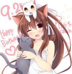 Rule 34 | 1girl, ;d, animal, animal ears, animal on head, bell, blush, brown hair, cat, cat ears, cat on head, character name, dated, dress, fang, hair bell, hair ornament, hair ribbon, hano haruka, happy birthday, heart, holding, jingle bell, lennon, little busters!, long hair, natsume rin, on head, one eye closed, open mouth, red eyes, ribbon, smile, upper body