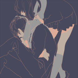 Rule 34 | 1boy, 1girl, black background, black footwear, black hair, black jacket, black pants, black skirt, black sleeves, commentary request, feet out of frame, grey scarf, grey thighhighs, hand on another&#039;s shoulder, jacket, leaning forward, limited palette, long hair, long sleeves, miniskirt, okobo, original, pants, pleated skirt, red eyes, rella, sandals, scarf, short hair, simple background, sitting, sketch, skirt, thighhighs