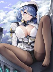 Rule 34 | 1girl, absurdres, azur lane, belt, black gloves, black nails, black panties, blue eyes, blue hair, blush, breasts, brown pantyhose, center opening, chapayev (azur lane), cloud, day, fur-trimmed sleeves, fur trim, gloves, hair ornament, hairclip, hat, head tilt, highres, jacket, large breasts, looking at viewer, military hat, mole, mole on breast, nail polish, panties, panties under pantyhose, pantyhose, peaked cap, short hair, sitting, smile, solo, spread legs, tini, toenail polish, toenails, underwear, white hat, white jacket