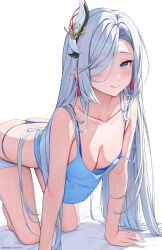 Rule 34 | 1girl, absurdres, all fours, alternate costume, ass, bare arms, barefoot, blue bra, blue camisole, blue eyes, blue panties, blush, bra, breasts, camisole, cleavage, closed mouth, collarbone, downblouse, earrings, genshin impact, hair ornament, hair over one eye, highres, jewelry, large breasts, long hair, looking at viewer, panties, parted bangs, patreon username, red tassel, rosumerii, shenhe (genshin impact), simple background, smile, solo, spaghetti strap, strap slip, tassel, tassel earrings, thong, underwear, white background, white hair