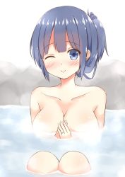 Rule 34 | 10s, 1girl, alternate hairstyle, blue eyes, blue hair, breasts, chaa (korone-ze), female focus, gradient background, hair up, highres, jewelry, kantai collection, large breasts, looking at viewer, matching hair/eyes, one eye closed, onsen, own hands together, partially submerged, ring, sitting, smile, solo, souryuu (kancolle), wedding band