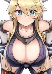 Rule 34 | 10s, 1girl, :&gt;, absurdres, bare shoulders, bent over, blonde hair, blue eyes, blush, bowing, breasts, cleavage, detached sleeves, headgear, highres, huge breasts, iowa (kancolle), kantai collection, leaning forward, long hair, looking at viewer, md5 mismatch, okitsugu, resized, resolution mismatch, smile, solo, source smaller, star-shaped pupils, star (symbol), symbol-shaped pupils, upscaled