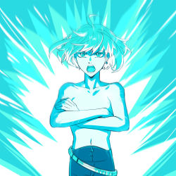 Rule 34 | 1boy, aura, bae (baebae), blue theme, crossed arms, earrings, galo thymos, gloves, highres, jewelry, male focus, monochrome, no gloves, promare, single earring, solo, topless male