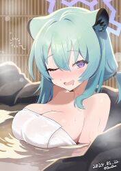 Rule 34 | 1girl, absurdres, animal ears, blue archive, blush, breasts, cleavage, commentary request, dandan (uaee4742), dated, drooling, drunk, green hair, halo, highres, large breasts, looking at viewer, naked towel, one eye closed, onsen, open mouth, outdoors, partially submerged, purple eyes, purple halo, saliva, shigure (blue archive), smile, squeans, towel, twitter username, water, wet